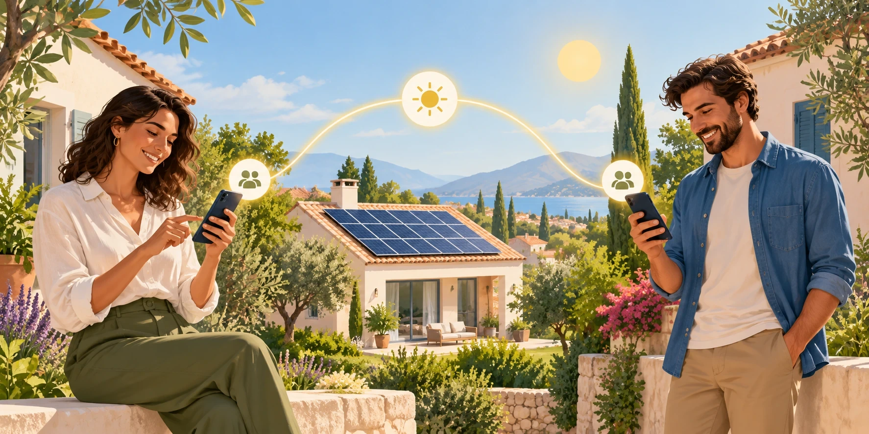 Il·lustració: dos amics comparteixen el codi del programa i tots dos guanyen amb l'energia solar